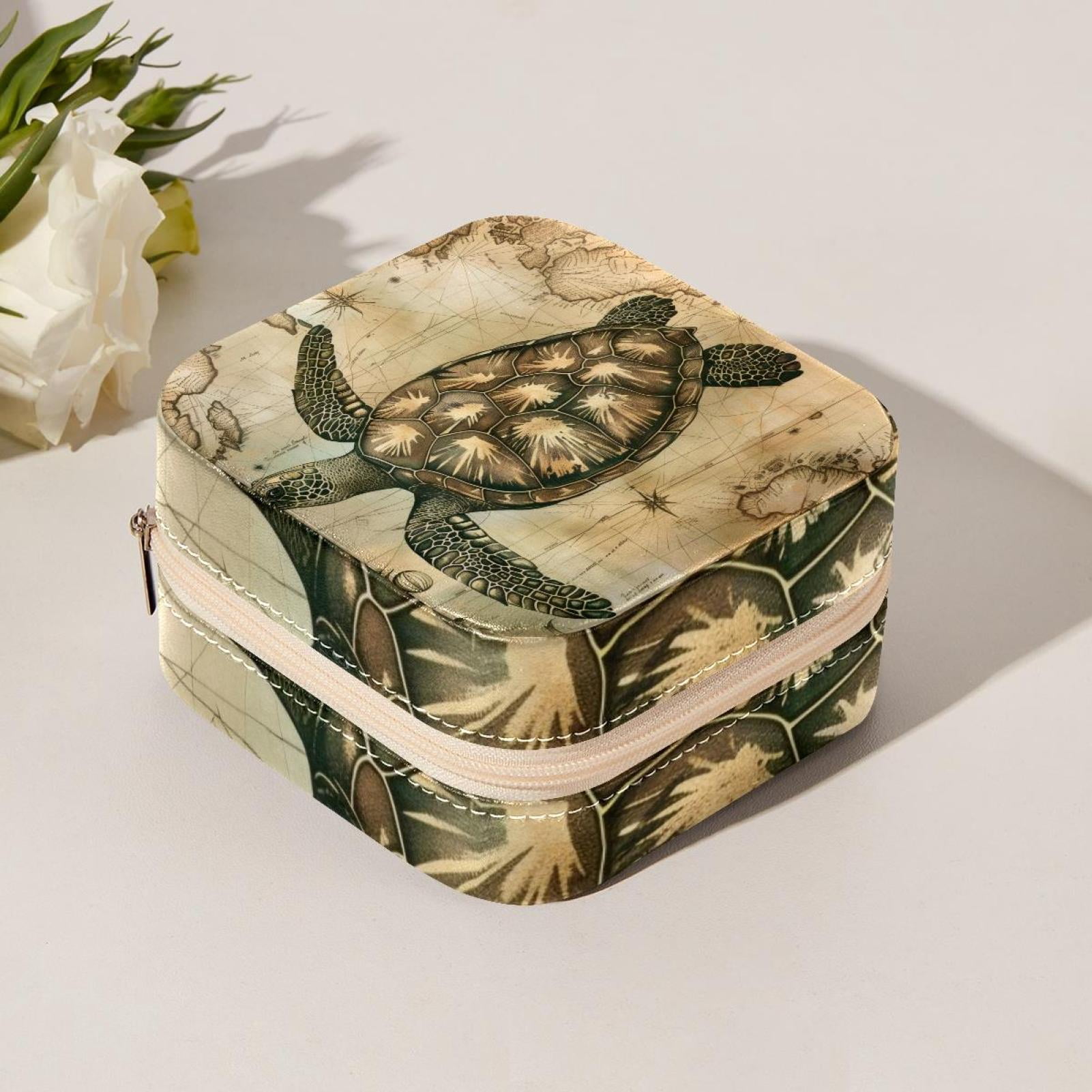 PhooArto Small Jewellery Box, Retro Map Sea Turtle Portable Travel Mini Jewelry Case for Women Leather Ring Organizer