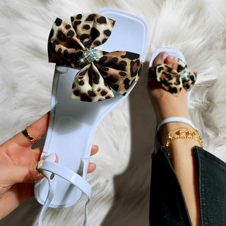 

uikmnh Women Shoes Fashion Spring And Summer Leopard Print Women Sandals Bow Flat Bottom Beach Shoes White 7