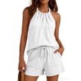 thumbnail image 6 of Two Piece Summer Beach Set for Women Halter Top and Drawstring Shorts Home Lounging Weekend Wear Commuting Easy Style Travel White S, 6 of 9