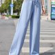thumbnail image 1 of Pantalones de cordón sólido minimalista, pantalones de pierna ancha de cintura elástica de longitud larga casual, ropa de mujer, 1 of 4