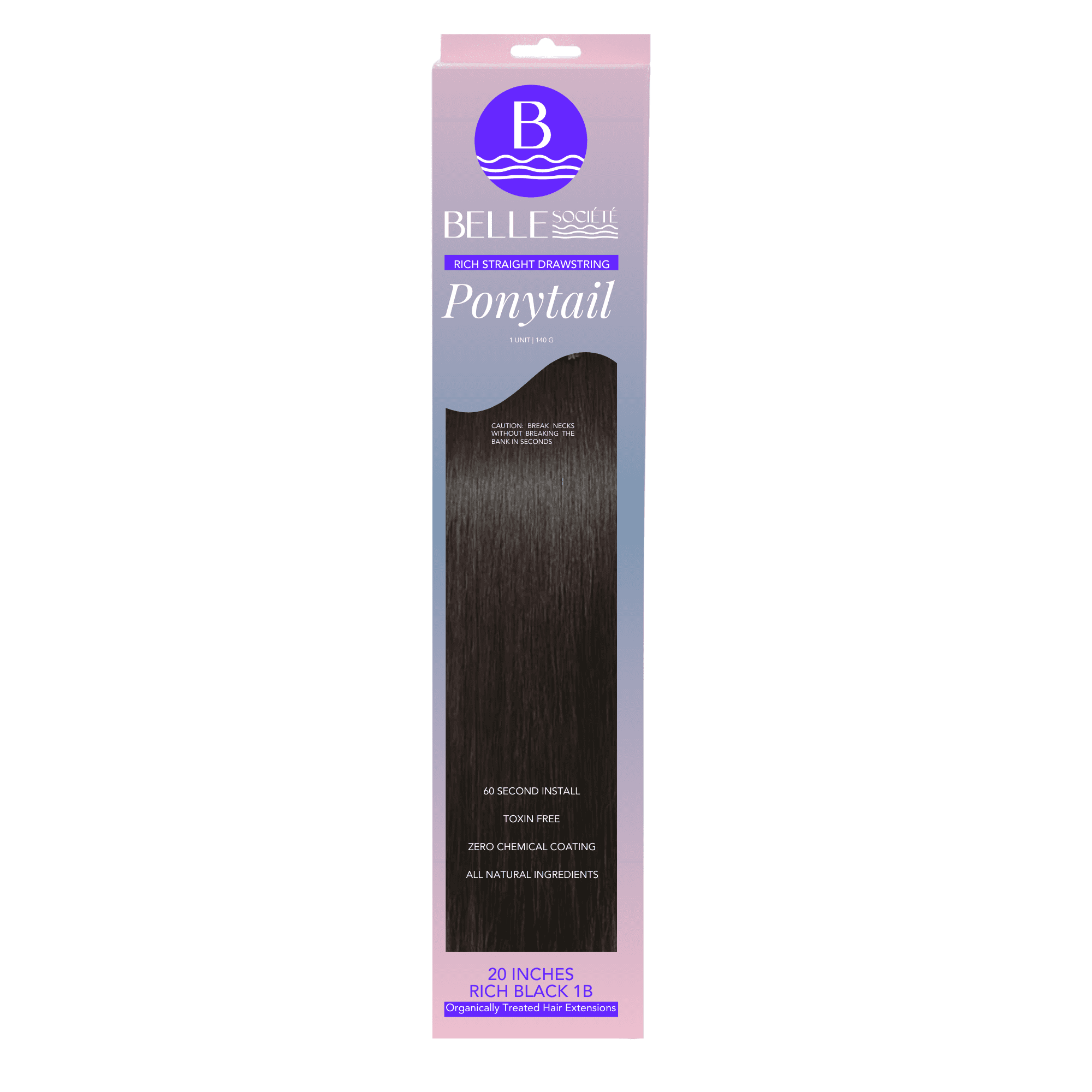 Belle Societe Silky Straight Drawstring Ponytail Extension, 20in, 140g, Color 1B, Non-Toxic, Organically Treated, Quick Easy Install