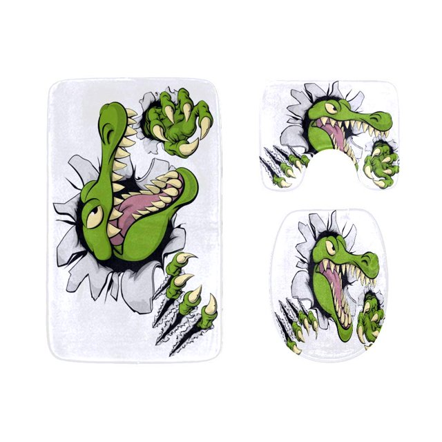 ABPHQTO Cocodrilo de dibujos animados cruel Juego de alfombras de baño de 3 piezas Alfombra de baño Alfombra de contorno y tapa de inodoro