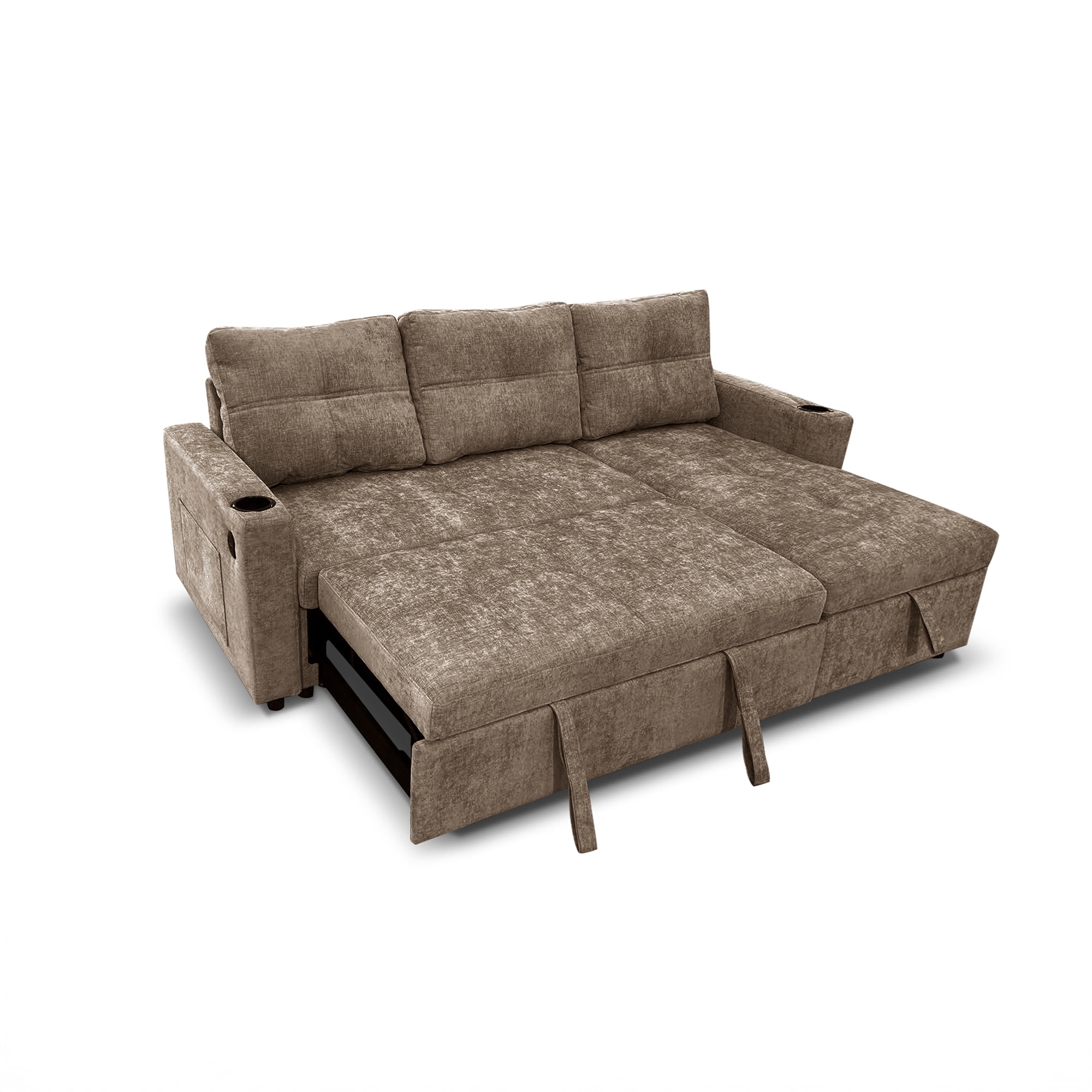 Modern Contemporary Convertible Chaise Sectional with Hidden Storage & Sleeper, Dark Grey