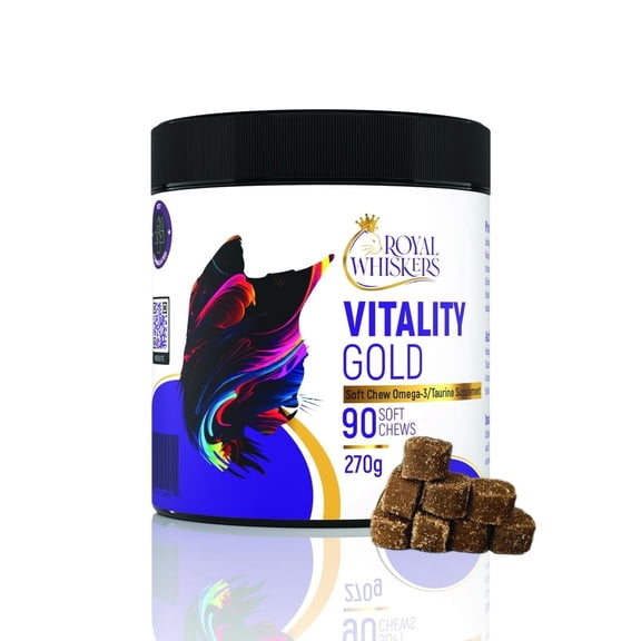 Royal Whiskers Vitality Gold: Premium Feline Soft Chew Supplements - Omega 3 & Taurine Veterinarian Formulated Chews for Superior Cat Health and Radiance - Cell, Heart, Brain, Eye Health - USA