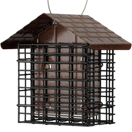 Double Suet Feeder with Weather Guard for Birds, Holds 2 Suet Cakes, Sturdy Steel Cage Grid Design for Woodpeckers Nuthatches Chickadees, Outdoor Use, Brown