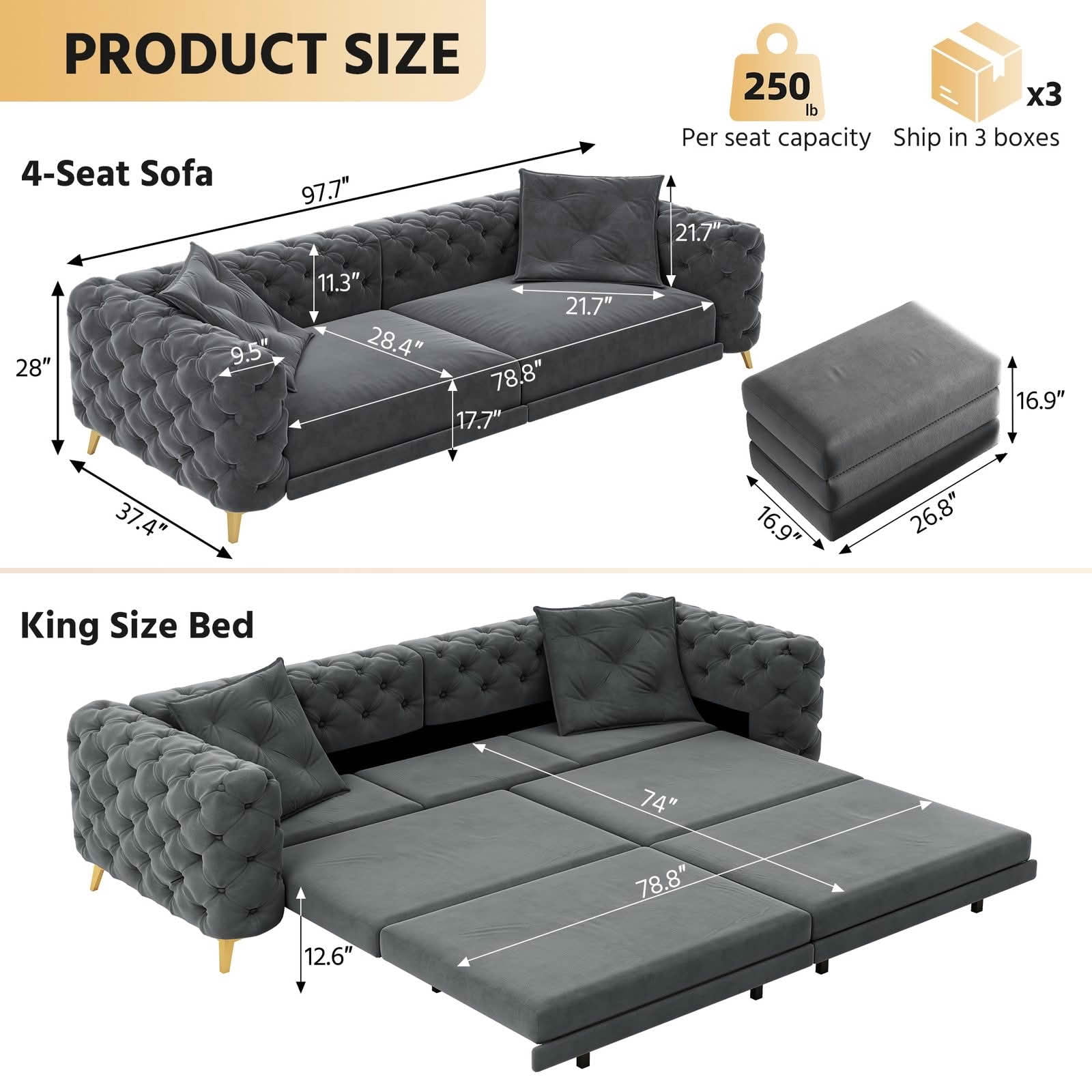 MAYEERTY 97.7" 3‑in‑1 Convertible Sleeper Sofa Bed, Deep‑Seat Tufted Velvet 4‑Seater Couch with Movable Ottoman, 2 Pillows Included