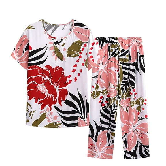 Penkiiy Women's Capri Pajama Sets Button Down Sleepwear Top with Capri Pants 2 Piece Sleep Set 4XL Multicolor