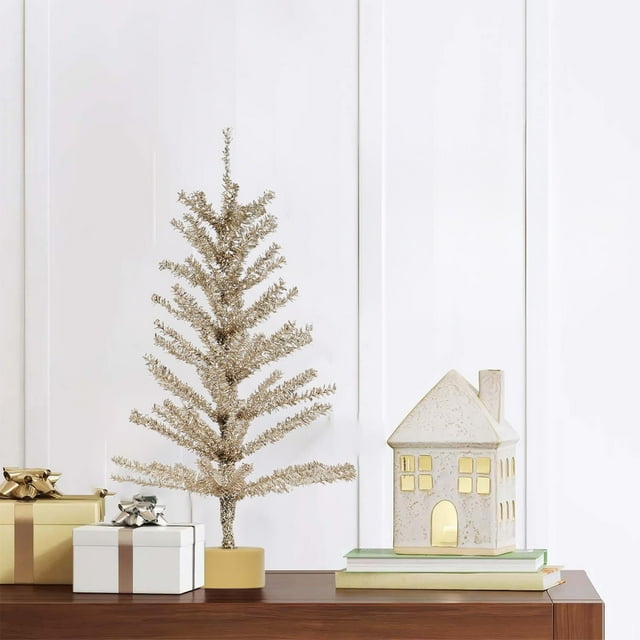 Tinsel Twig Artificial Christmas Tree,Mini Christmas Tree 2ft Artificial Desktop Xmas Tree Decor,Artificial Silver Christmas Tree,Mini Silver Tinsel Pine Christmas Tree,Small Xmas Tree for Home,Party