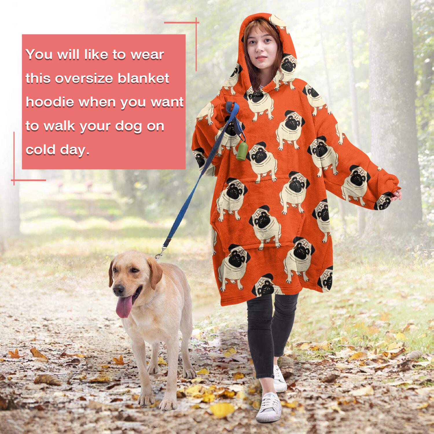 Pug Dog Wearable Oversized Blanket,Wearable Blanket Hoodie for Adults,Cozy Hooded Blankets with Super Pockets,Super Warm Fuzzy Pullover for Women & Men