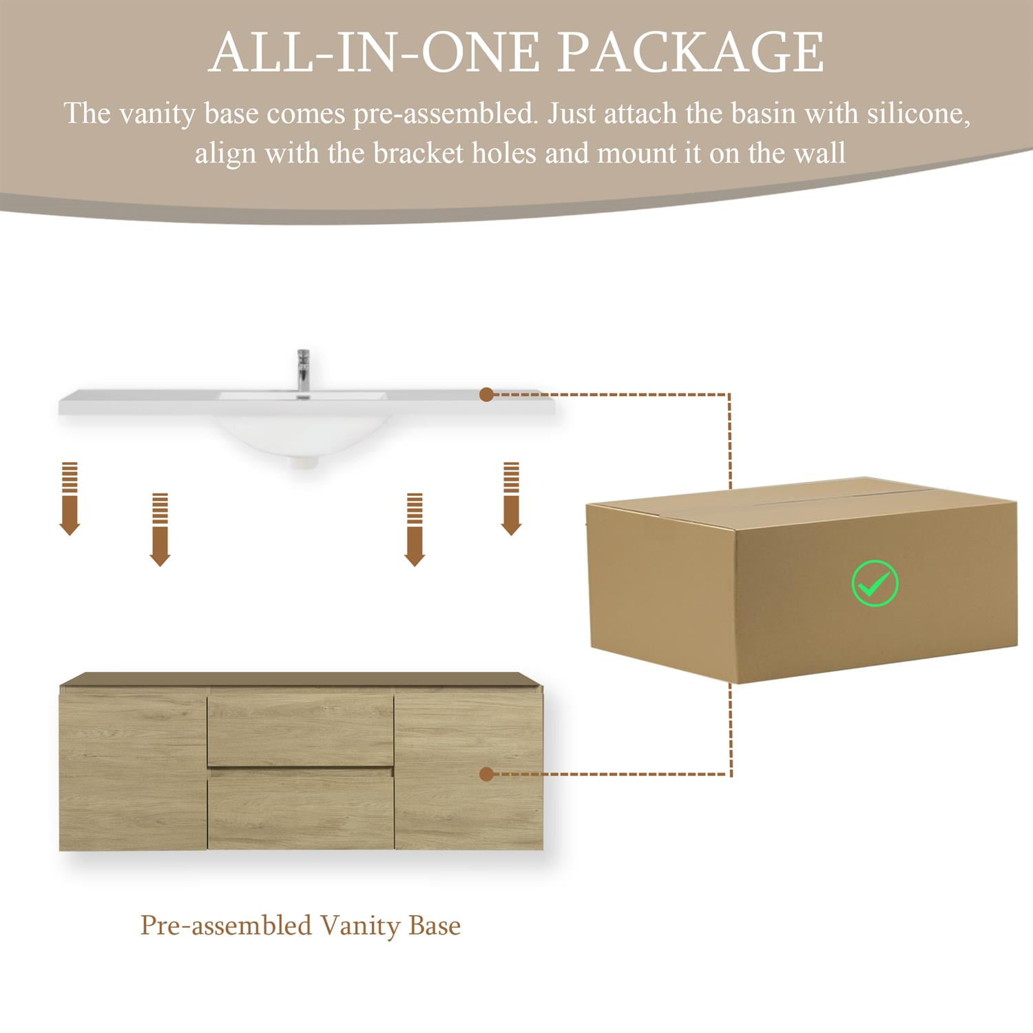 Demi Bonn 60" Floating Bathroom Vanity with Sink, Resin Top Basin and 2 Soft Close Drawers, 2 Storage Cabinet, Faucets and Drains Not Included, Brown