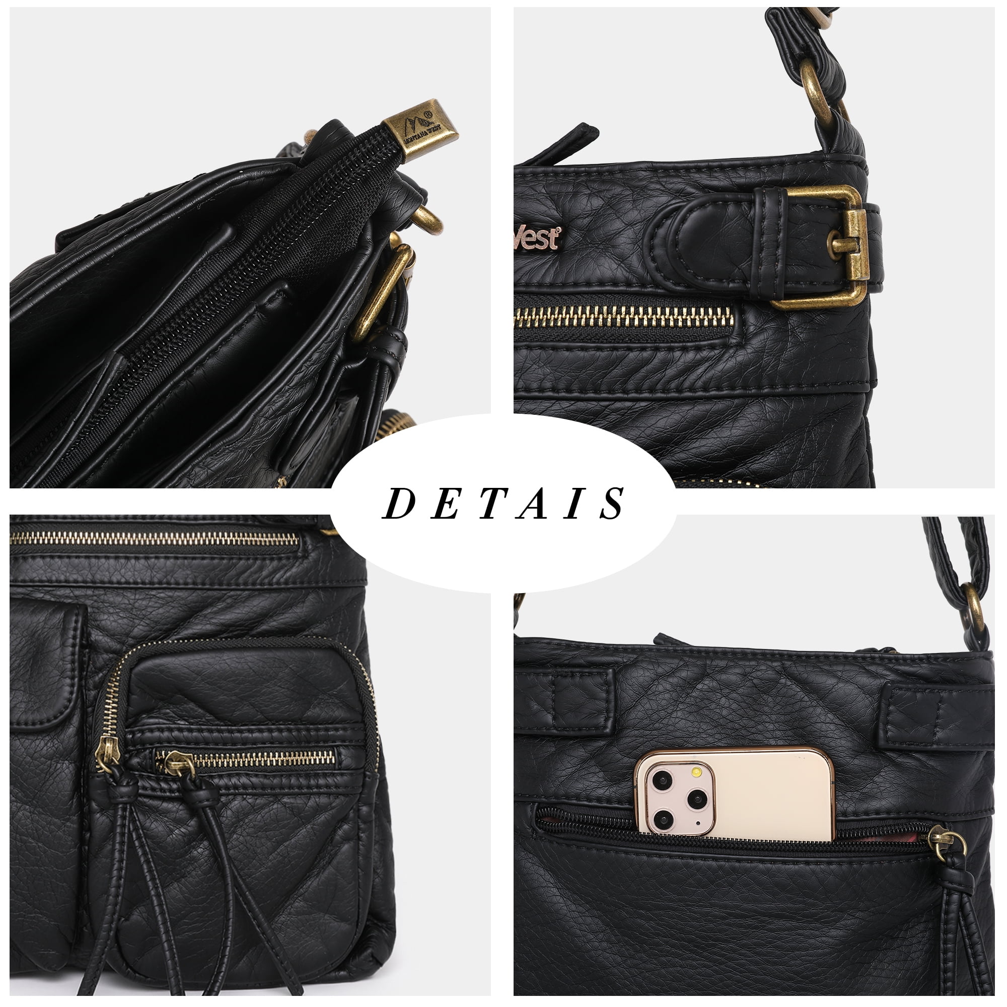 Montana West Crossbody Bag for Women Soft Washed Leather Multi Pocket Shoulder Purses, Black