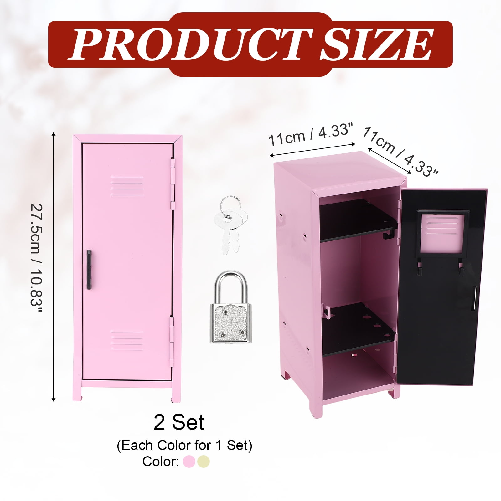 Mini Locker 4.3 x 10.8 Inch, 2 Pcs Small Locker with Lock Keys, Metal Money Safe Storage Box for Desk Bedroom, Light Pink/Yellow