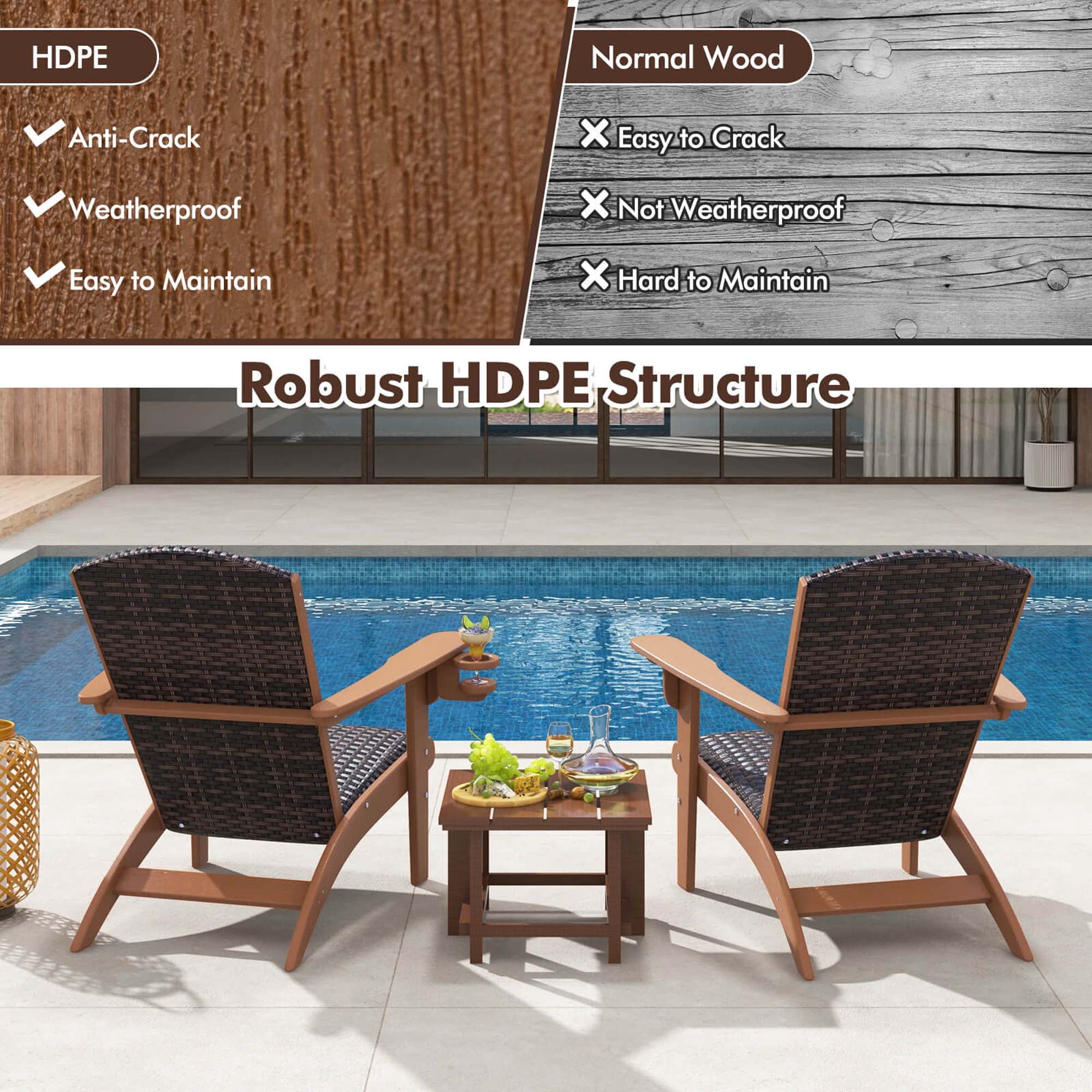 Costway Patio Adirondack Chair with Rattan Padded Seat Wide Armrests & Hidden Cupholder Brown