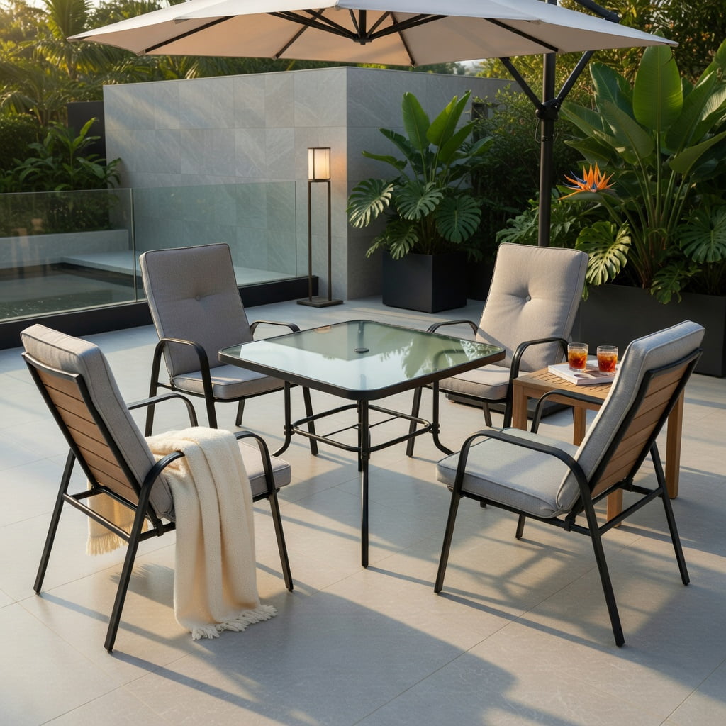 Hommoo 4-Pack Stackable Outdoor Dining Chairs with High-Back Cushions, Heavy-Duty Steel Frame, Rust-Resistant Powder-Coated Finish, Indoor/Outdoor Use, Gray
