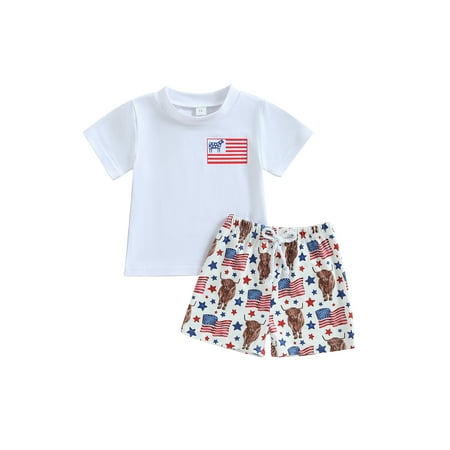 

Wassery Toddler Baby Boys 4th of July Outfit American Flag Short Sleeve T-shirt Crewneck Tops and Cattle Head Print Elastic Shorts 2pcs Summer Casual Set Independence Day Clothes 3M-3T