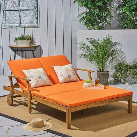 Danielle Outdoor Acacia Wood Double Chaise Lounge with Cushion Teak Orange