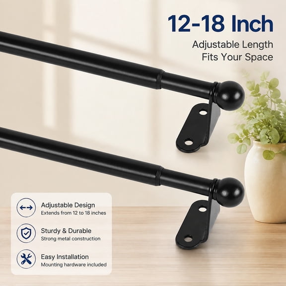 Cafe Curtain Rod 12-18 Inch, 1/2" Diameter, Black Adjustable Door Curtain Rod with Screws and Brackets for Windows and French Doors