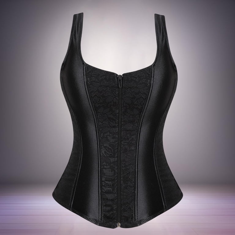 !　belted panel corset tops Satin Lace Panel Zip Front Wide Strap Overbust Corset Steel Boned