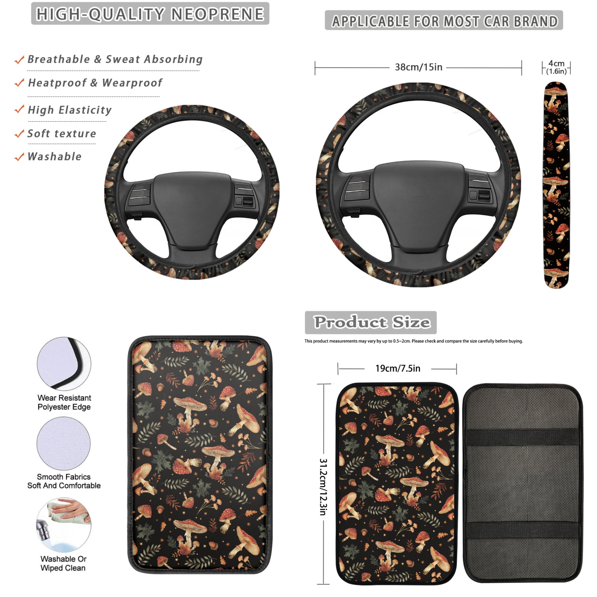Jeiento Aesthetic Mushroom Car Seat Cover Set of 13 Steering Wheel Cover Seat Belt Pad Car Coaster Armrest Cover Lip Gloss Bag Keychain for Truck Sedan Auto Accessories