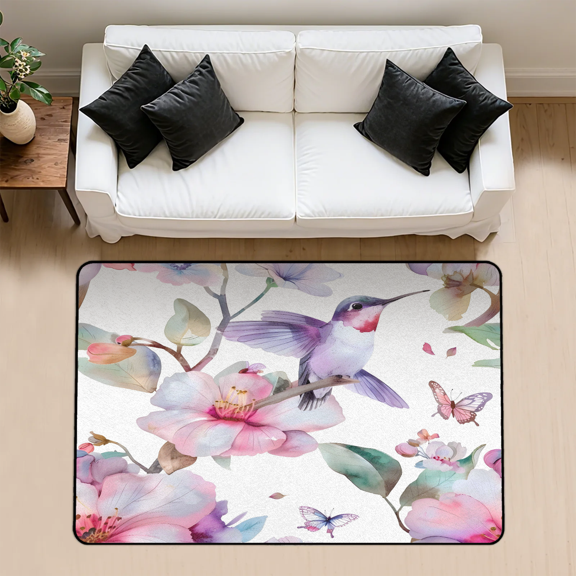CURLYOOT Hummingbird Flower Area Rug 3x5 Ft Rugs for Entryway Entrance Kitchen, Washable Non Slip Floral Bird Watercolor Indoor Floor Carpet for Bedroom Living Room