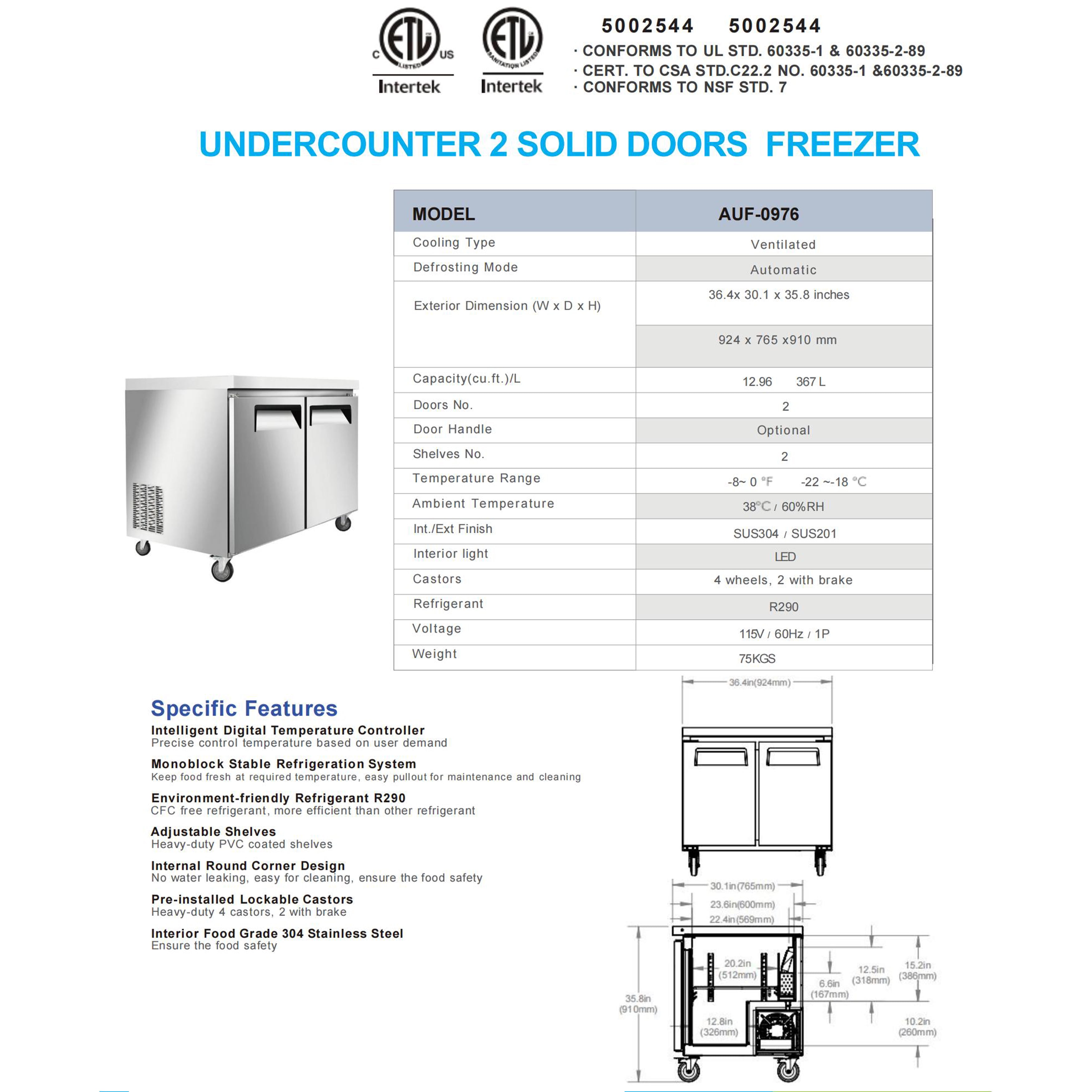 NSF 36.5 in. Commercial Freezer Worktop Undercounter Freezer,  2 Door Stainless Steel Counter Fan Cooling Freezer 13 Cu.Ft. for Restaurant, Bar, Shop