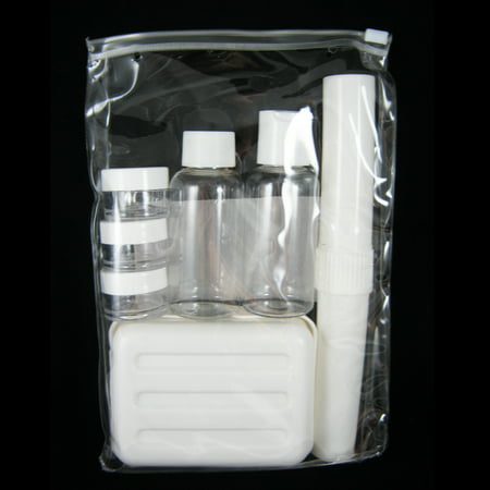 AllTopBargains 7Pc Carry On TSA Travel Bottles Set Plastic Empty Jar Storage Container Bag