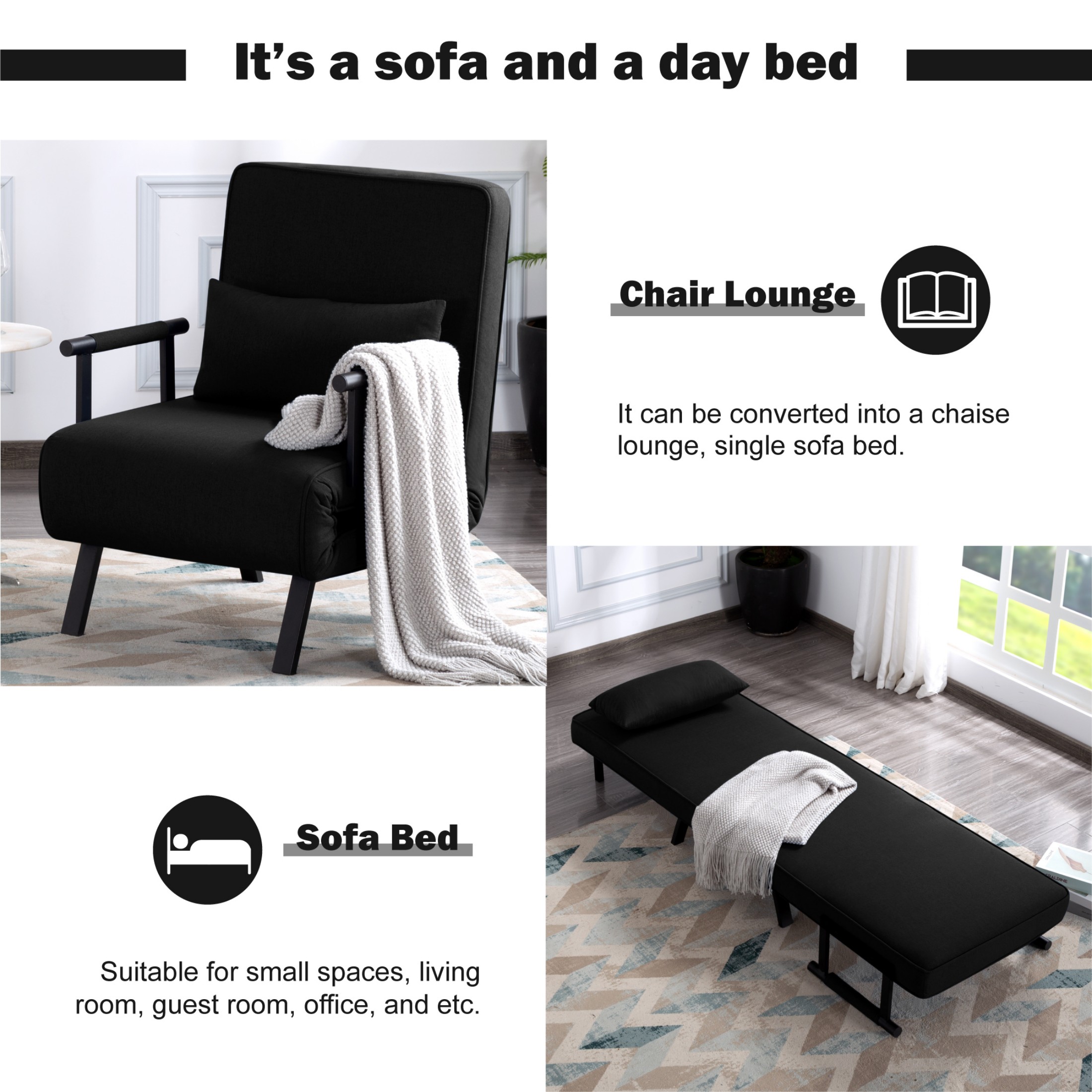 BSHTI Modern Folding Arm Chair Lounge 4-in-1 Convertible Sofa Bed with Adjustable Backrest for Small Spaces (Black)