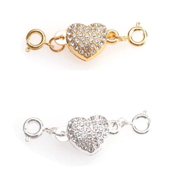 Ruwado 2 cierres magnéticos de bloqueo en forma de corazón con diamantes de imitación, extensores de cadena, conector para collar, pulsera, mujer, accesorios para hacer joyas (plata y oro)