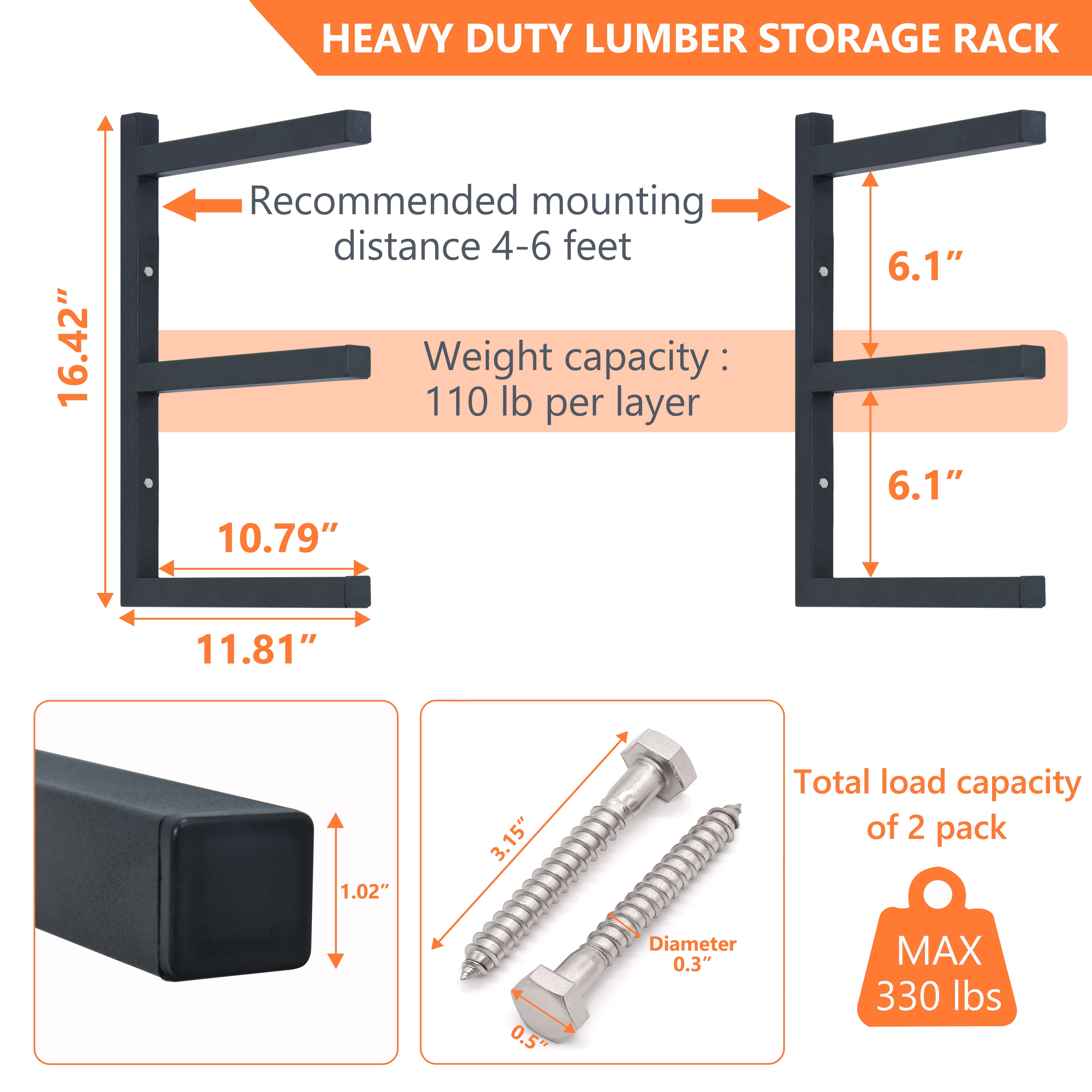 Lumber Rack Wood Storage Racks with 3 Level, Garage Wood Organizer Lumber Storage Rack, Workshop Organizers and Storage Wood Wall Shelving Wall Mounted, Lumber Metal Racks for Indoor (Black-4 Pack)