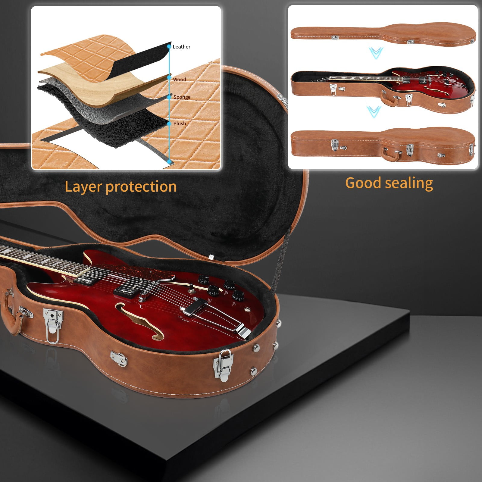 LINJH Hard Case for 335 Style Semi-Hollow & Hollowbody Electric Guitar Brown
