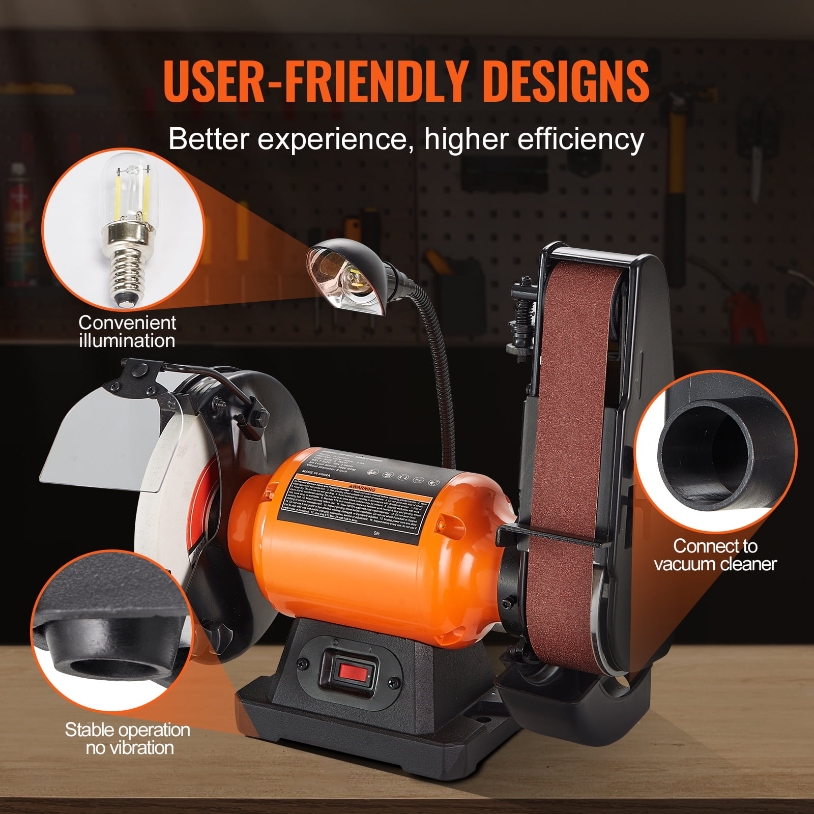 VEVOR Bench Grinder, 8" Bench Grinder Sander with 2.5A Induction Motor with 2" x28 " Belt Sander Combo for Metalworking Sharpening Grinding