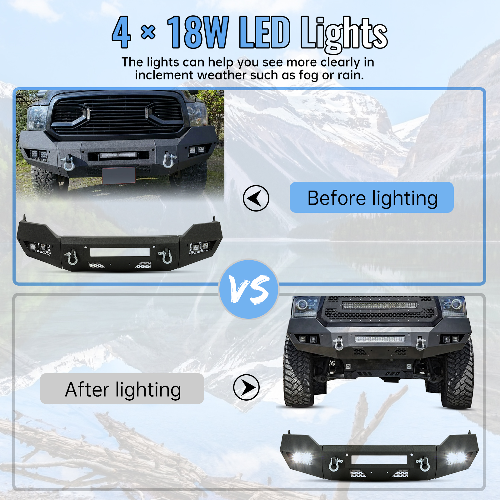 HECASA  Front Bumper W/ D-Ring LED Fog Light for 2013-2021 Ram 2WD 4WD 1500 Classic 14 15 16 17 18 19 2020