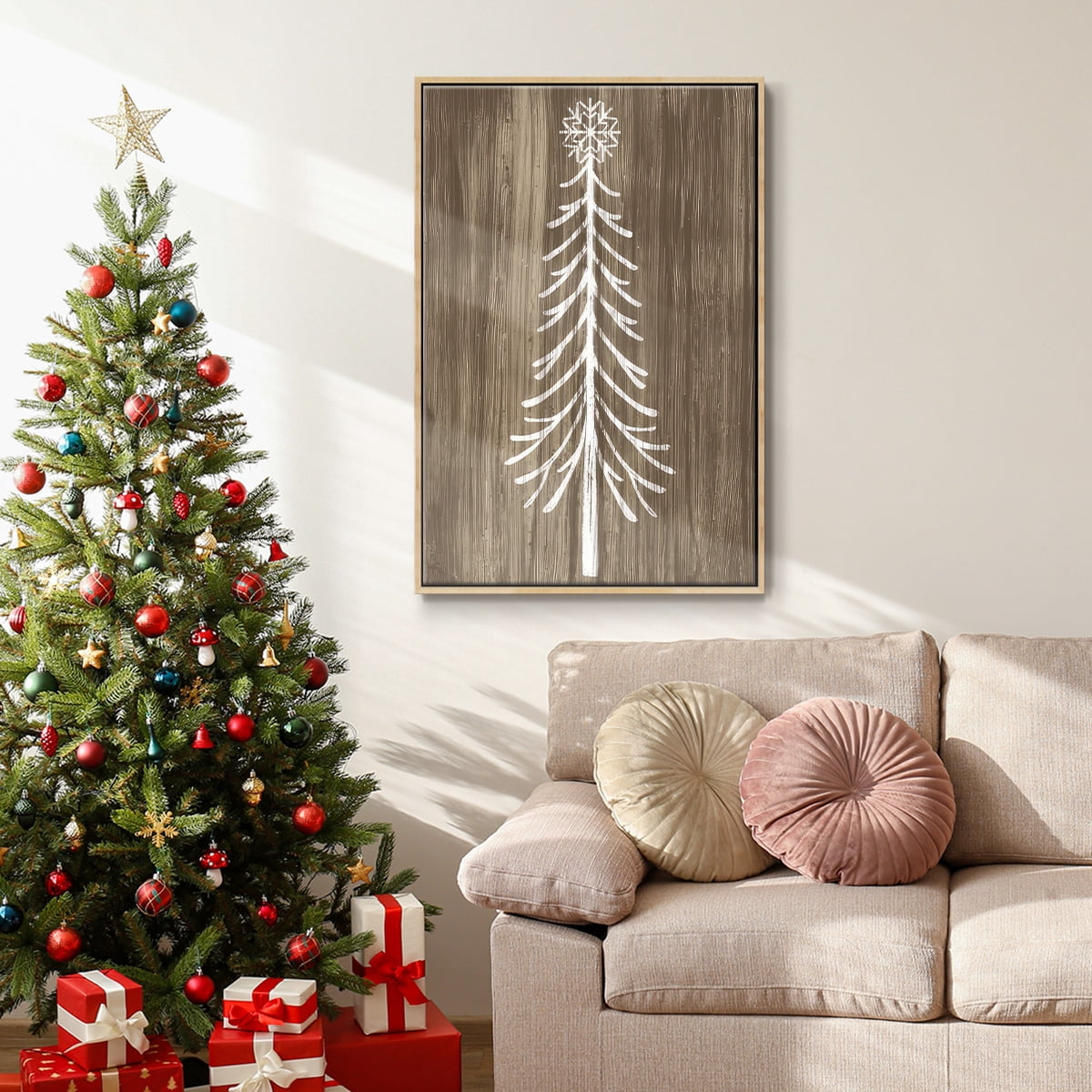 Barnwood Wonderland VII - Framed Gallery Wrapped Holiday Canvas - 25 x 37 - Natural Wood Frame