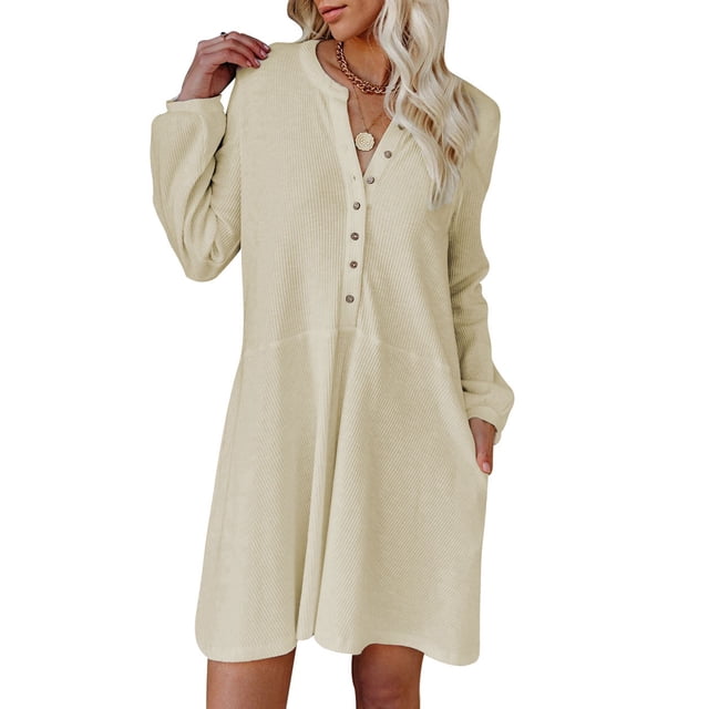 Vestido Con Cuello En V, Vestido De Manga Larga A La Moda, Botón De Dobladillo Suelto Para Ir De Compras Para Viajar ANGGREK Albaricoque XL