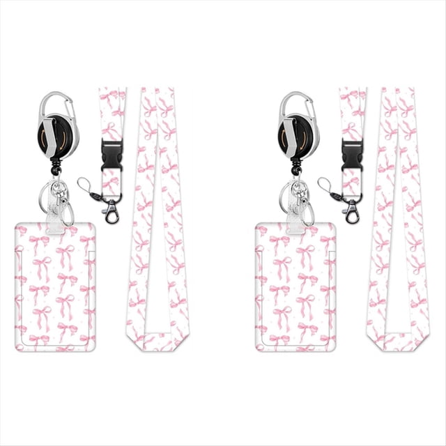2 Porta Credencial Retráctil con Clip y Cordón, Cordón con Estampado de Lazo y Porta Credencial, Cordón Separable para Credencial de Identificación para Mujeres