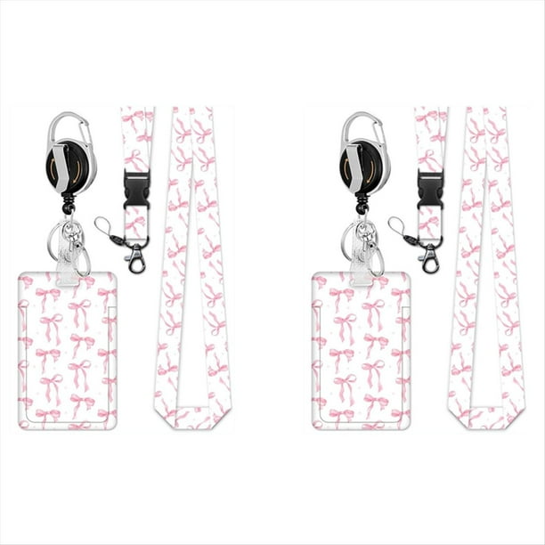 2 Porta Credencial Retráctil con Clip y Cordón, Cordón con Estampado de Lazo y Porta Credencial, Cordón Separable para Credencial de Identificación para Mujeres