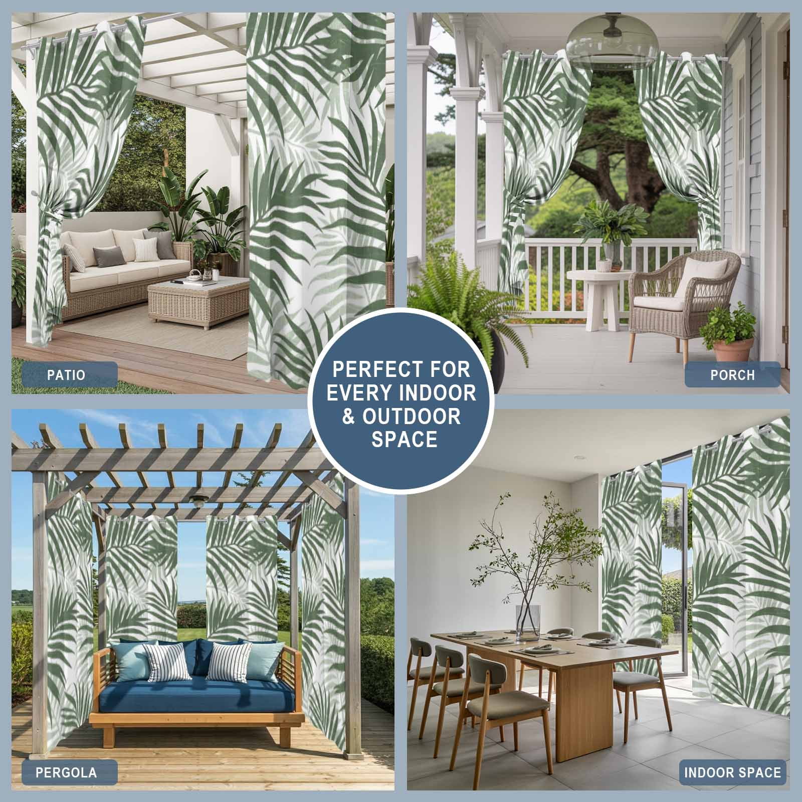 Forest Green Palm Leaves Outdoor Curtains for Patio, Summer Botanical Tropical Plant Rustic Sunshade Privacy Drapes Grommet Waterproof Outside Curtains for Porch/Cabana/Balcony 54"x 108", 1 Panel