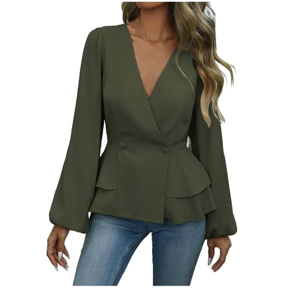 Htigea Womens Formal Work Business Shirts Elegant Puff Sleeve V Neck Peplum Tops Solid Slim Fit Shirt Army Green S