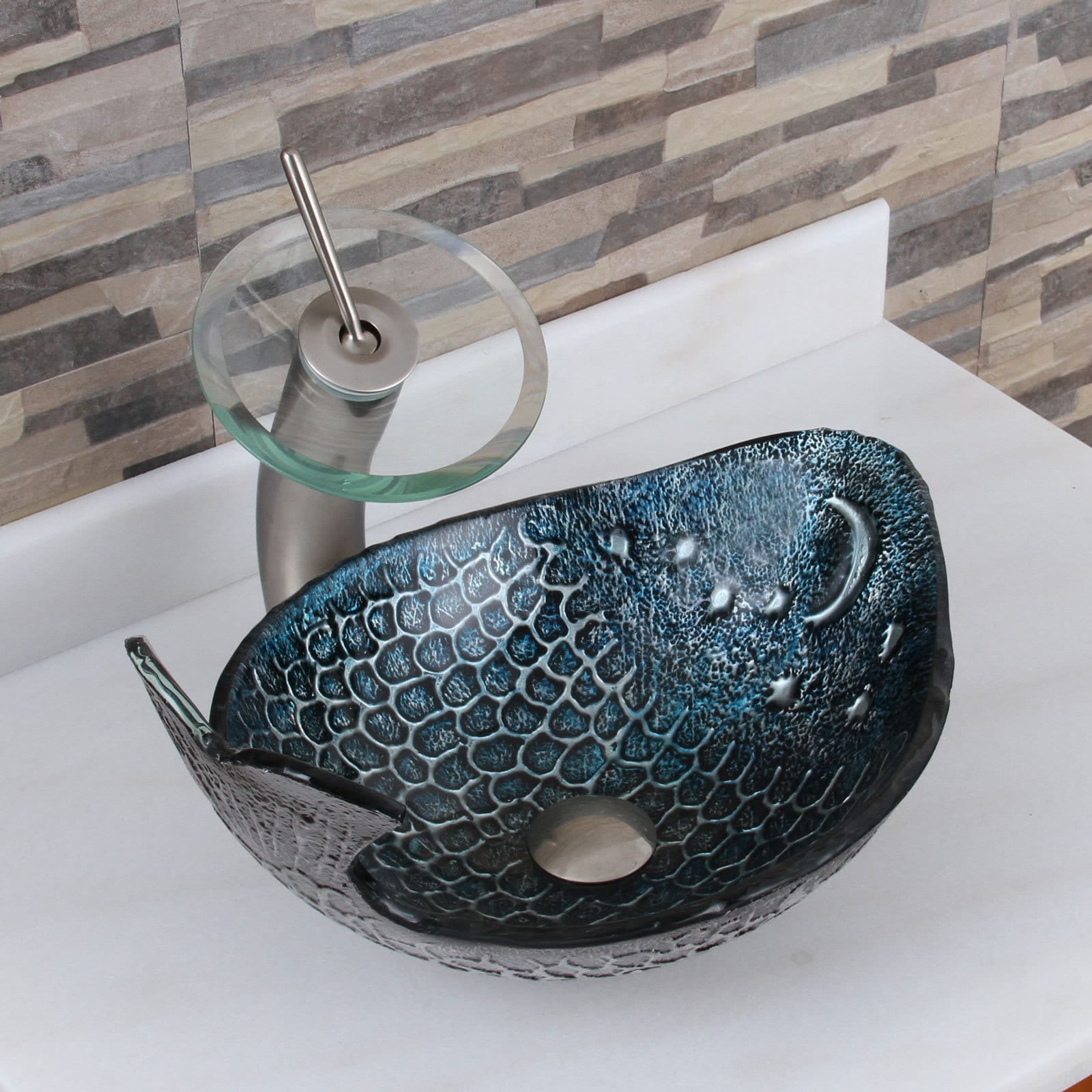 Elite Pacific Whale F22t Pattern Tempered Glass Bathroom Vessel