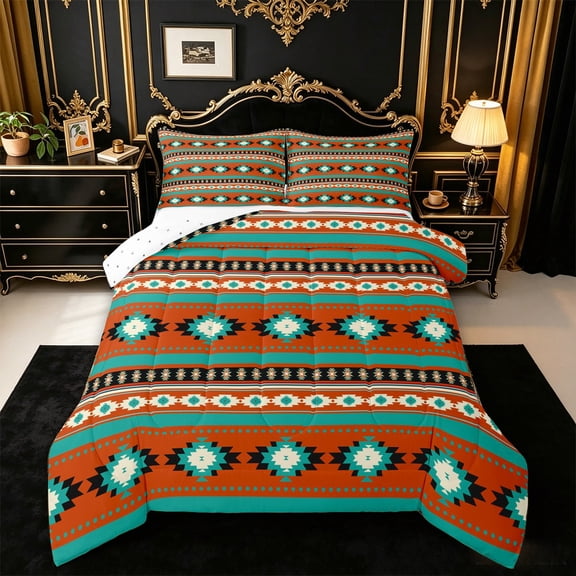 jejeloiu Bold Aztec Queen Comforter Set For Men Women,Tribal Pattern Comforter Sets Queen,Orange Teal,Reversible,3 Pieces,1 Comforter and 2 Pillowcases