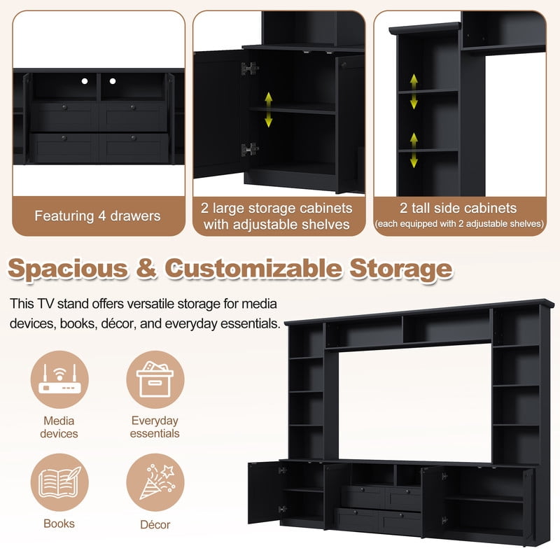 Farmhouse Entertainment Center Wall Unit with Drawers & Adjustable Shelves, TV Stand Media Console with Bridge for TVs Up to 70"