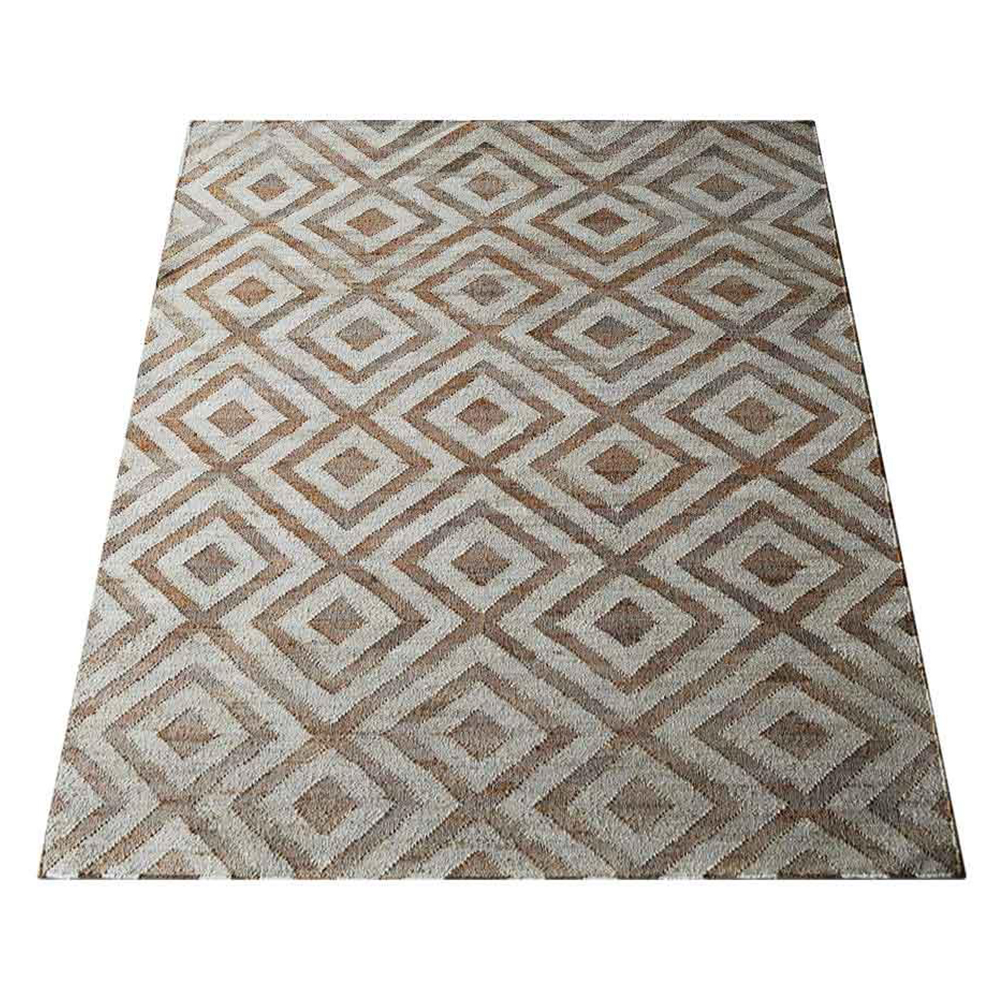 HAND WOVEN FLAT WEAVE KILIM JUTE ECO-FRIENDLY AREA RUGS - 6'x9', Rectangle Shape, White Beige Color, Geometric Pattern, High Pile, Natural Fiber, Handmade Area Rugs for Living Room (J00028)
