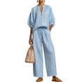 thumbnail image 2 of Two Piece Outfits for Women Zip Front Top Wide Leg Pants Set Casual Summer Matching Set Loose Fit Tracksuit,Light Blue L, 2 of 5