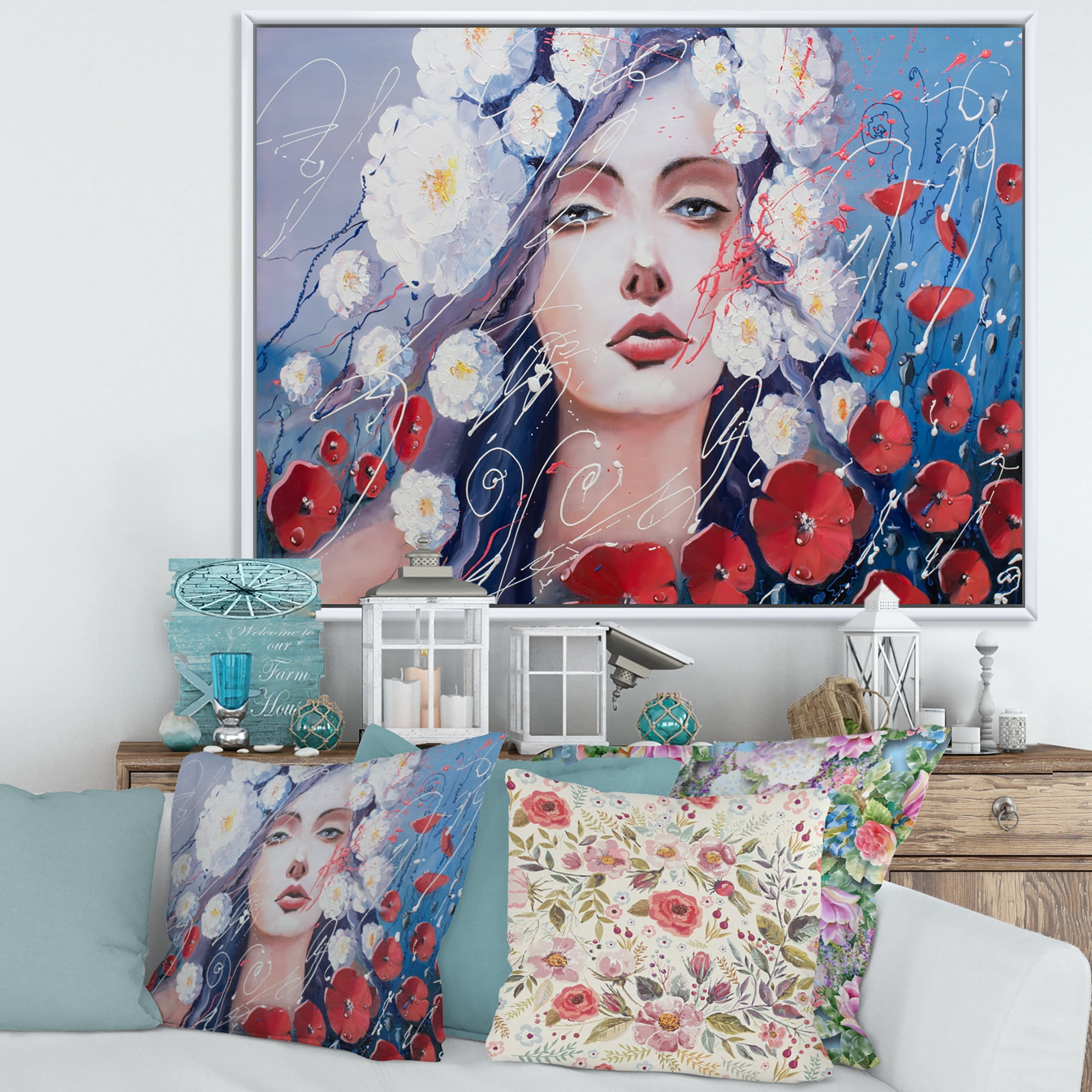 Designart 'Portrait Of A Young Lady With Red & White Flowers' Traditional Framed Canvas Wall Art Print