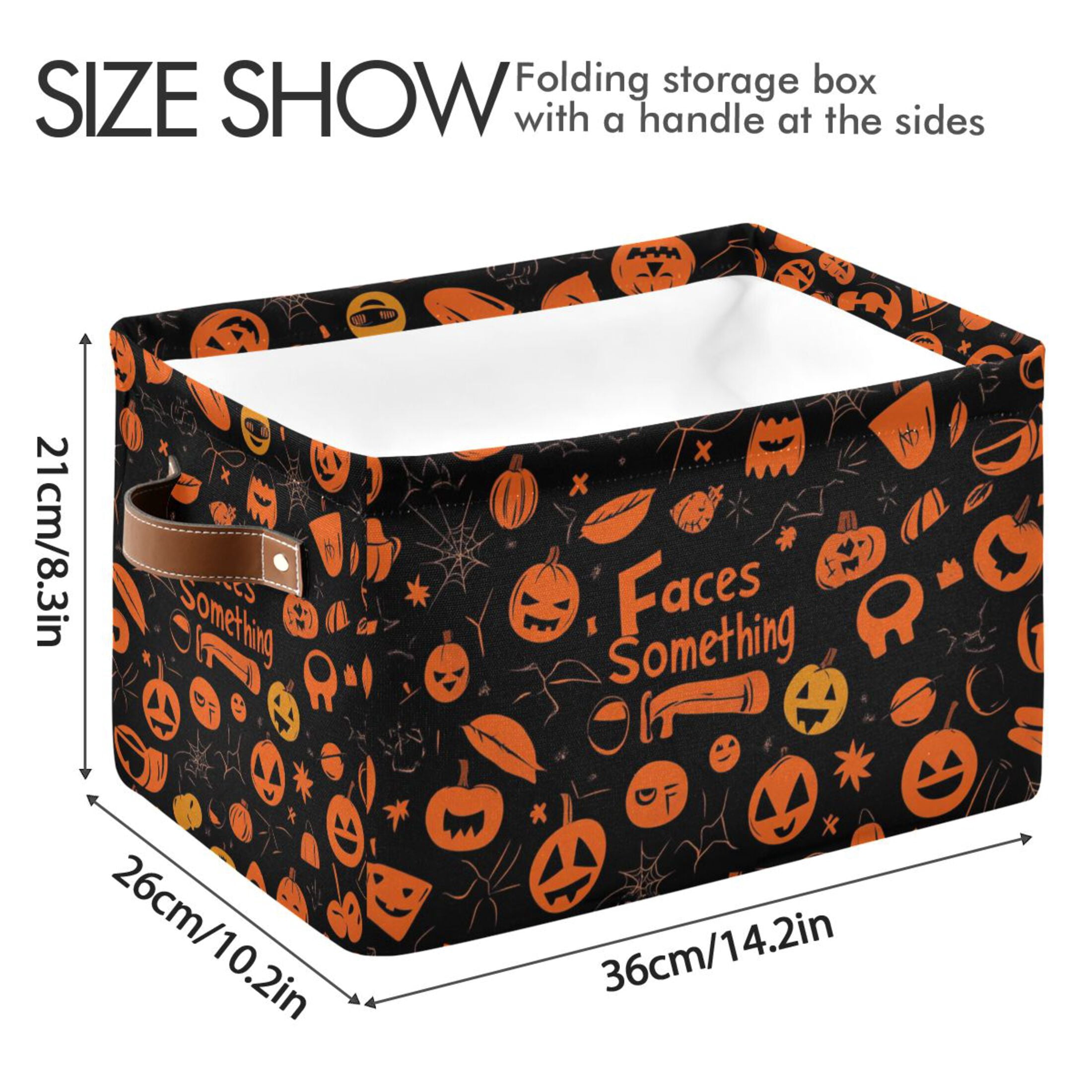 WOBOGO Pattern Of Black and Orange Halloween Symbols Square Storage Basket with Waterproof Canvas and PE Lining Durable PU Leather Handles 14.2×10.2×8.3in
