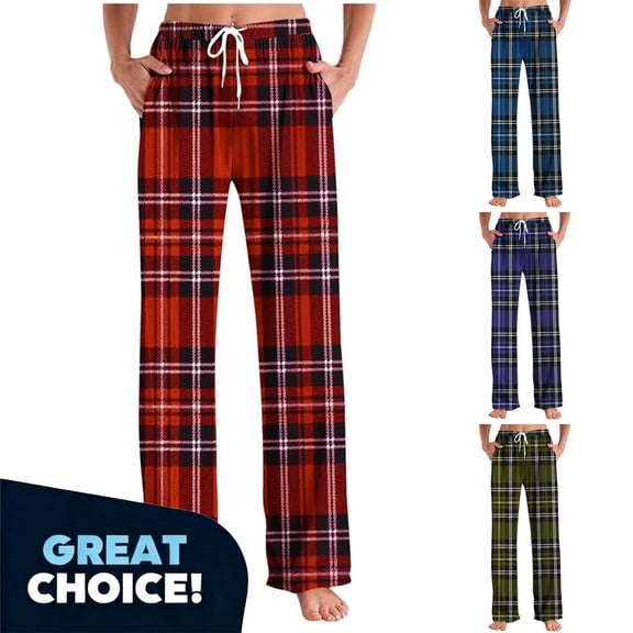 Binmer Women's Drawstring Plaid Pants with Pockets,Womens Casual High Waist Fit Pants, Women's Plus Blue,Size S