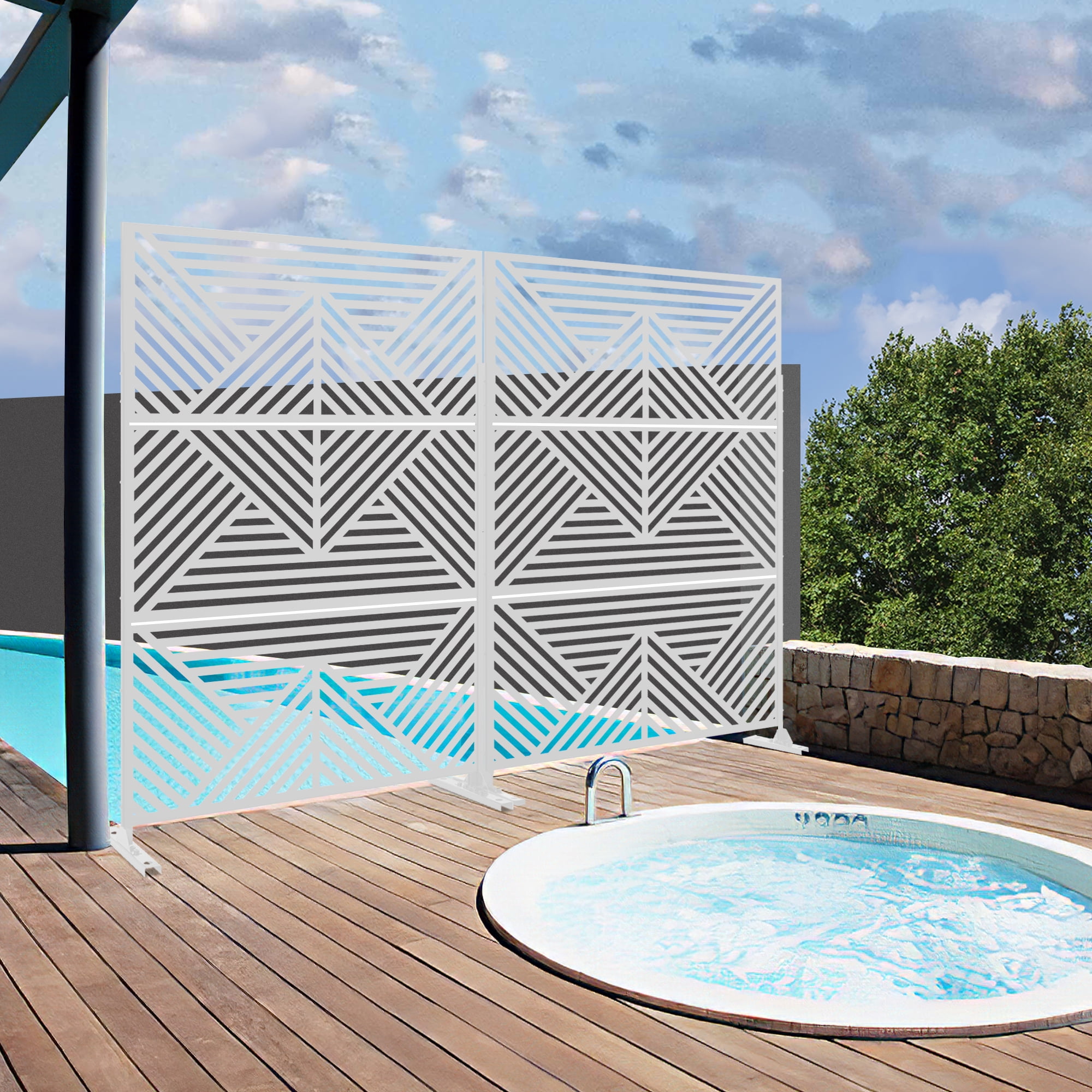 MAYEERTY 72*47" Outdoor White Metal Privacy Panel Screen for Patio, Mountain Pattern