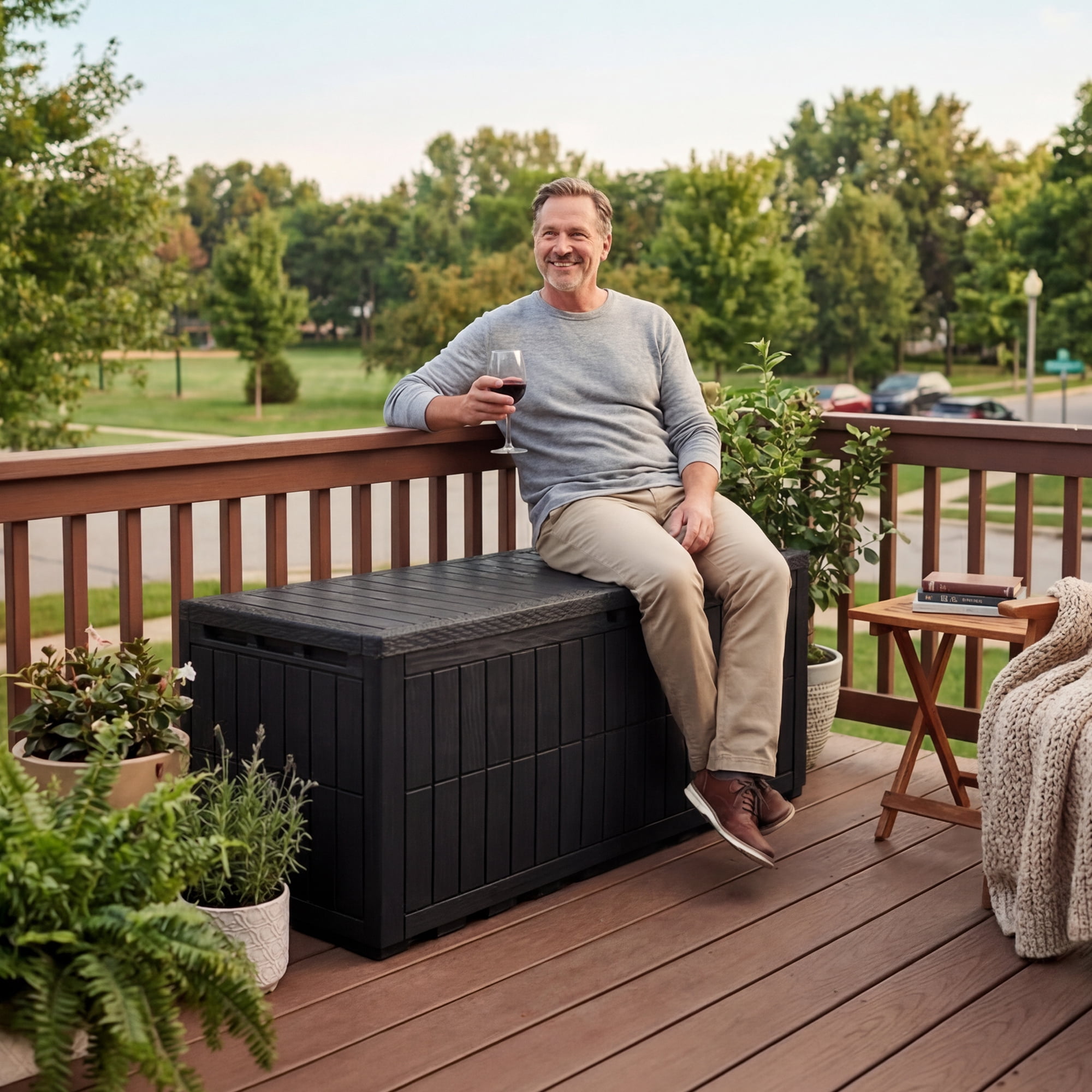 Uforic XXL 240 Gallon Outdoor Storage Deck Box, Waterproof Resin Patio Storage Container with Lockable Design, 3-Person Bench Seat for Garden Tools, Pool Supplies and Patio Cushions, Black