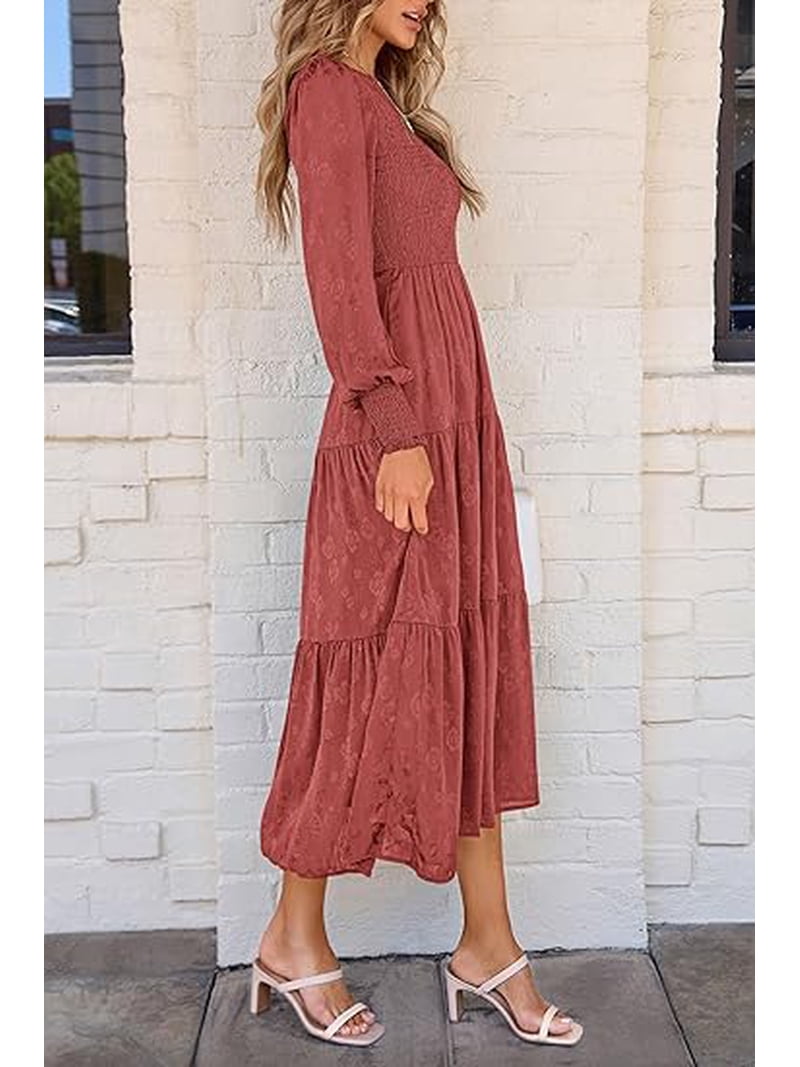 Prettygarden Women's Fall Spring Midi Dress Long Sleeve Floral Smocked Elegant Wedding Guest Long Flowy Dresses with Pockets, Size: Large, Red Prettygarden Women's Fall Spring Midi Dress Long Sleeve Floral Smocked Elegant Wedding Guest Long Flowy Dresses with Pockets, Size: Large, Red