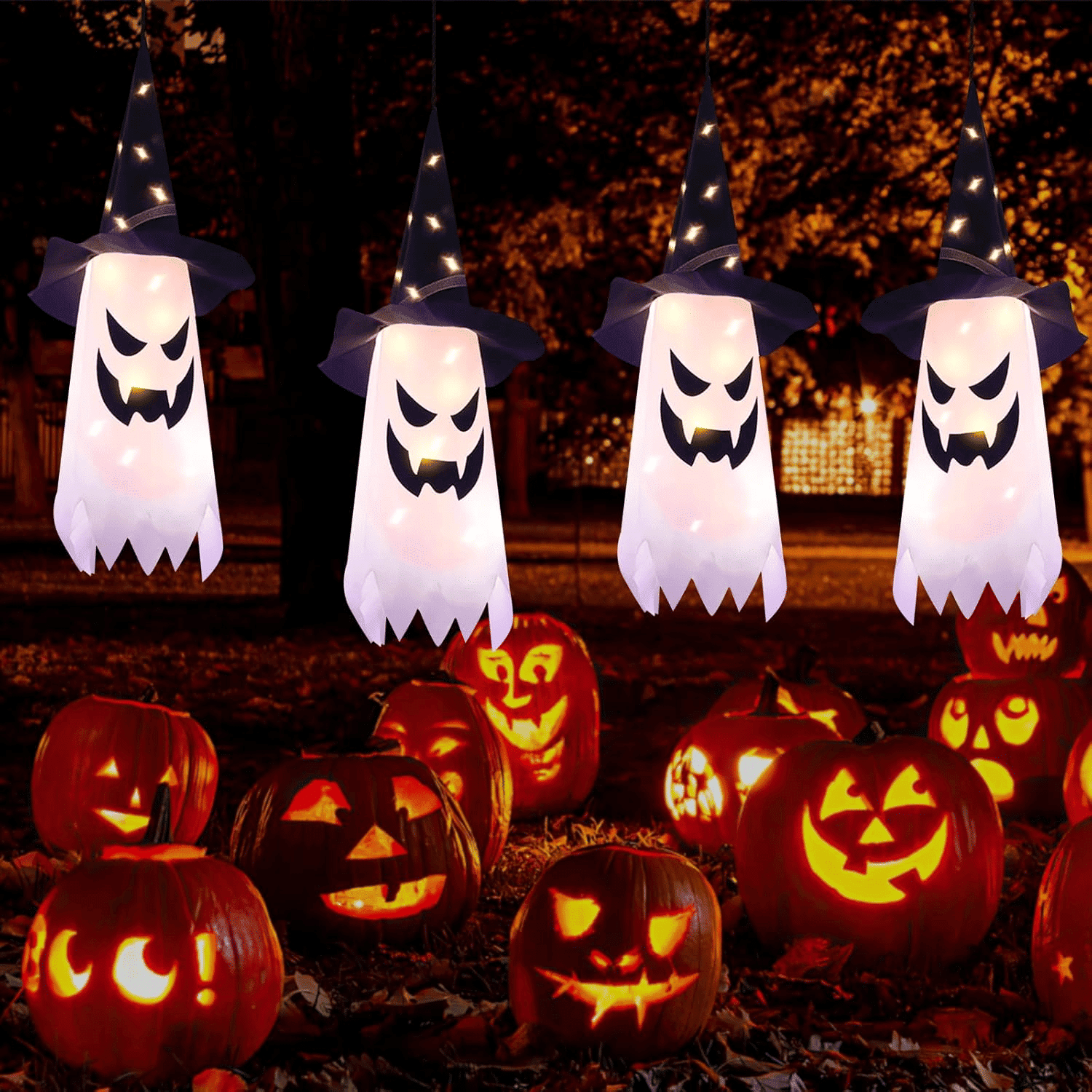 4 Pack Hanging Glowing Ghost Witch Hat String Lights with 3 Flash Modes